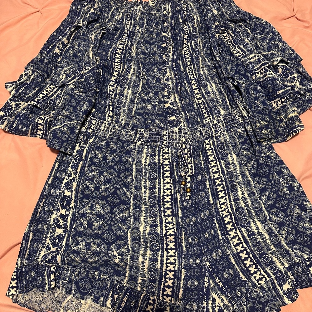 Blue Printed Ruffle Hem Girls' Dress